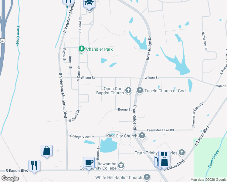 map of restaurants, bars, coffee shops, grocery stores, and more near 1001 Pauline Street in Tupelo