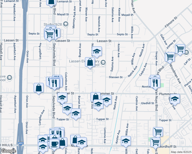 map of restaurants, bars, coffee shops, grocery stores, and more near 9615 Noble Avenue in Los Angeles