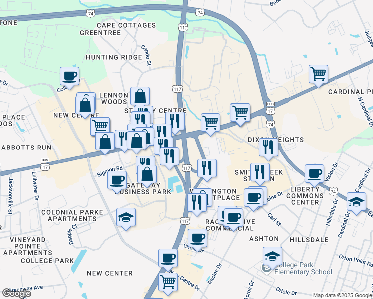 map of restaurants, bars, coffee shops, grocery stores, and more near 45 South College Road in Wilmington