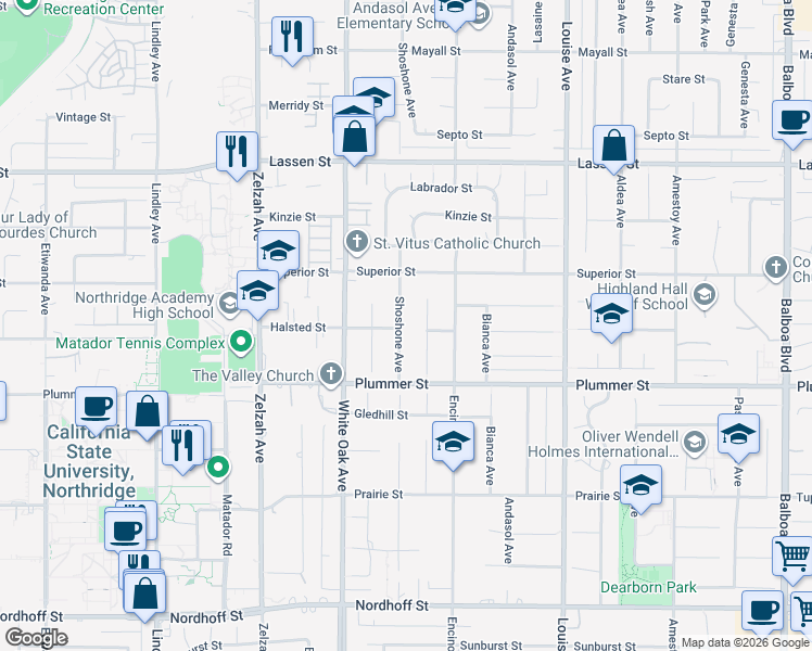 map of restaurants, bars, coffee shops, grocery stores, and more near 9560 Shoshone Avenue in Los Angeles