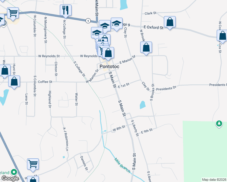 map of restaurants, bars, coffee shops, grocery stores, and more near 107 South Main Street in Pontotoc