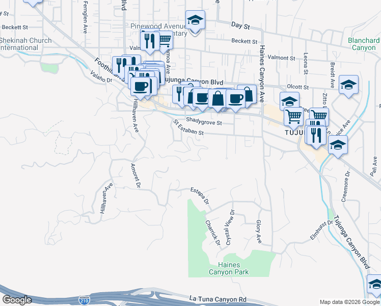 map of restaurants, bars, coffee shops, grocery stores, and more near 7094 High Cliff Trail in Los Angeles