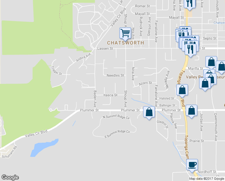 map of restaurants, bars, coffee shops, grocery stores, and more near 9617 Sagebrush Avenue in Chatsworth