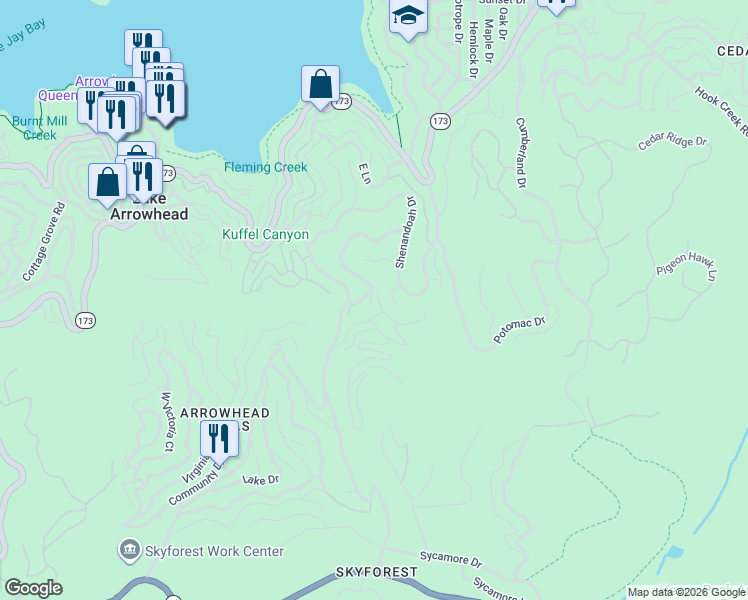 map of restaurants, bars, coffee shops, grocery stores, and more near 28591 Wabash Drive in Lake Arrowhead