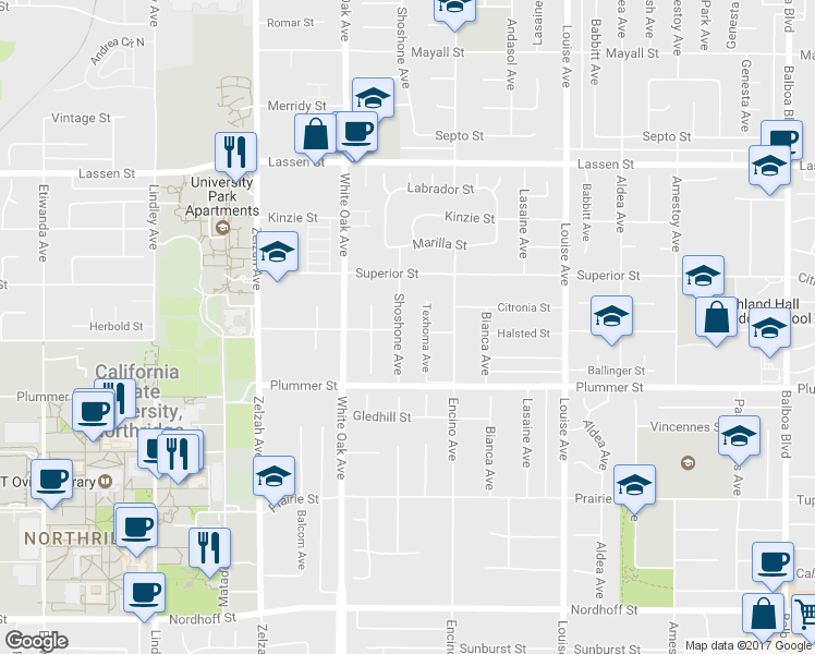 map of restaurants, bars, coffee shops, grocery stores, and more near 9560 Shoshone Avenue in Los Angeles