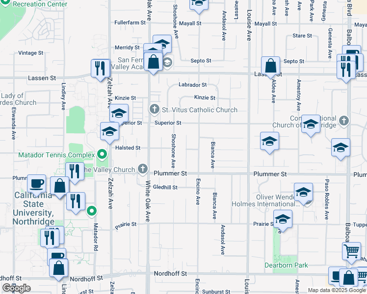 map of restaurants, bars, coffee shops, grocery stores, and more near 9561 Texhoma Avenue in Los Angeles