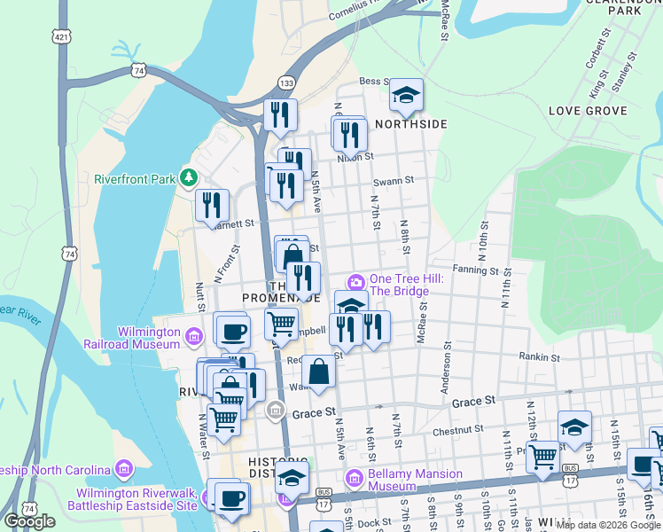 map of restaurants, bars, coffee shops, grocery stores, and more near 801 North 5th Avenue in Wilmington