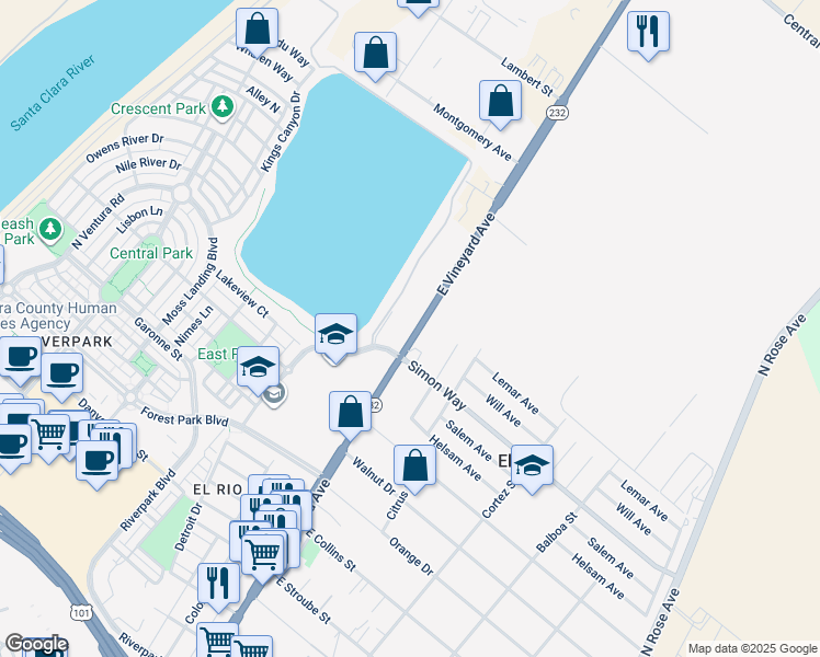 map of restaurants, bars, coffee shops, grocery stores, and more near 4267 East Vineyard Avenue in Oxnard