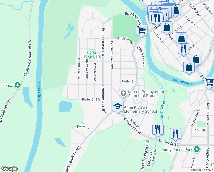 map of restaurants, bars, coffee shops, grocery stores, and more near 600 Pennington Avenue Southwest in Rome
