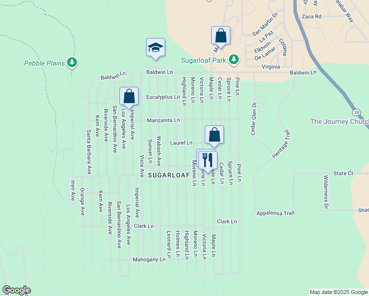 map of restaurants, bars, coffee shops, grocery stores, and more near 402 Highland Lane in Big Bear
