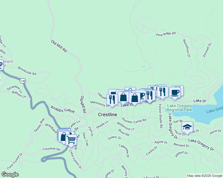 map of restaurants, bars, coffee shops, grocery stores, and more near 23753 Zurich Drive in Crestline
