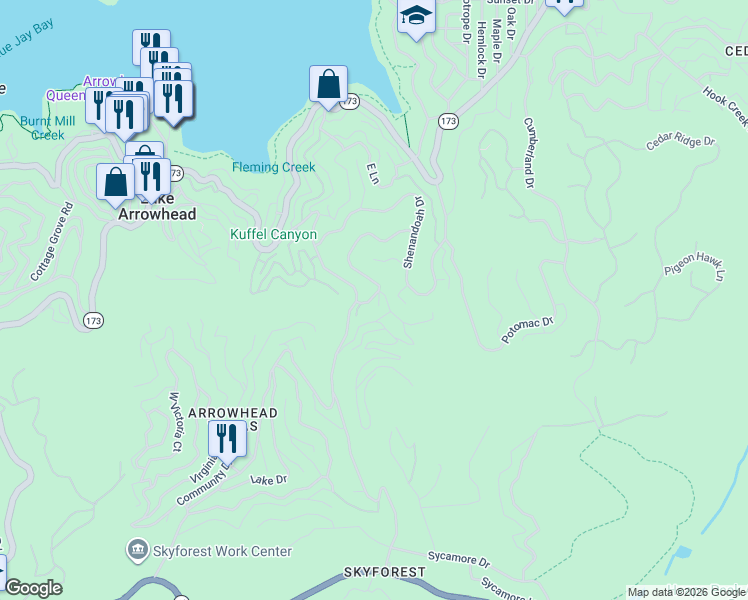 map of restaurants, bars, coffee shops, grocery stores, and more near 28595 Wabash Drive in Lake Arrowhead
