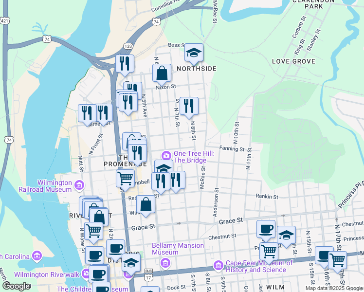 map of restaurants, bars, coffee shops, grocery stores, and more near 802 N 7th St in Wilmington