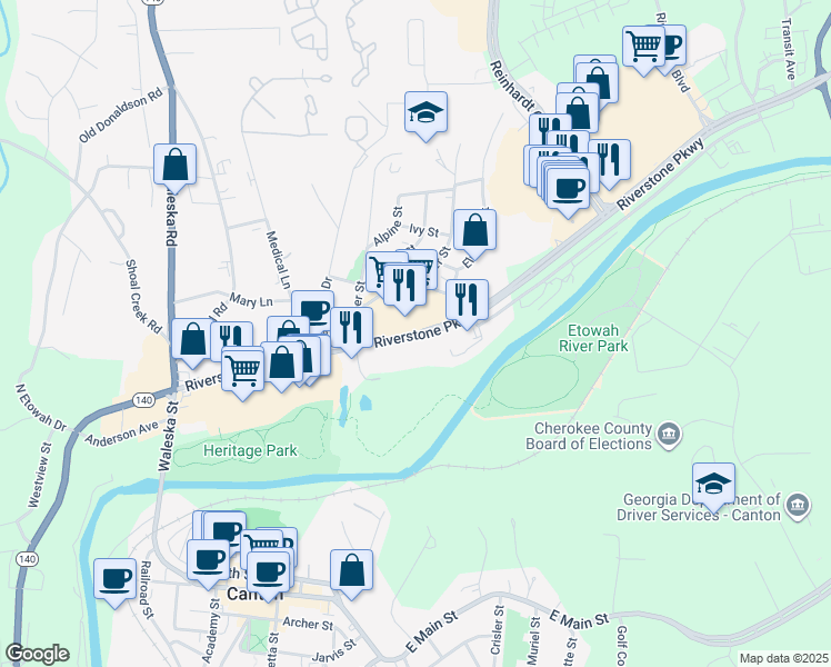 map of restaurants, bars, coffee shops, grocery stores, and more near 550 Riverstone Parkway in Canton