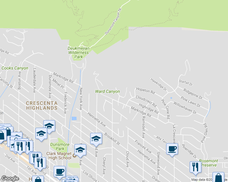 map of restaurants, bars, coffee shops, grocery stores, and more near 5341 Quail Canyon Road in Glendale