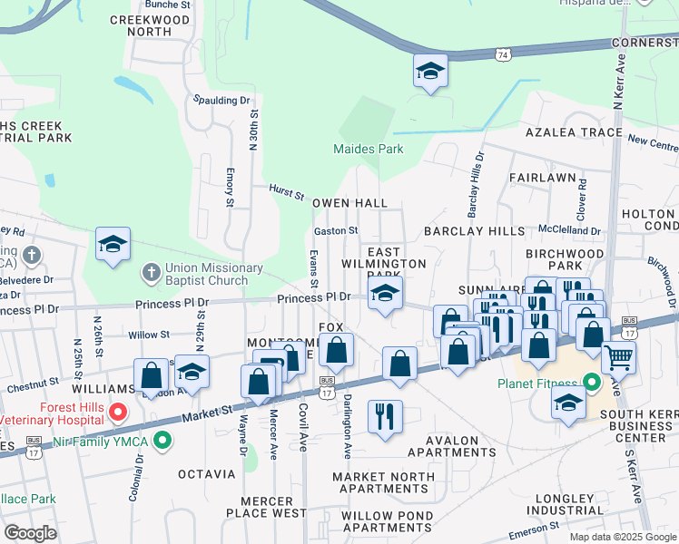 map of restaurants, bars, coffee shops, grocery stores, and more near 413 Henry Street in Wilmington