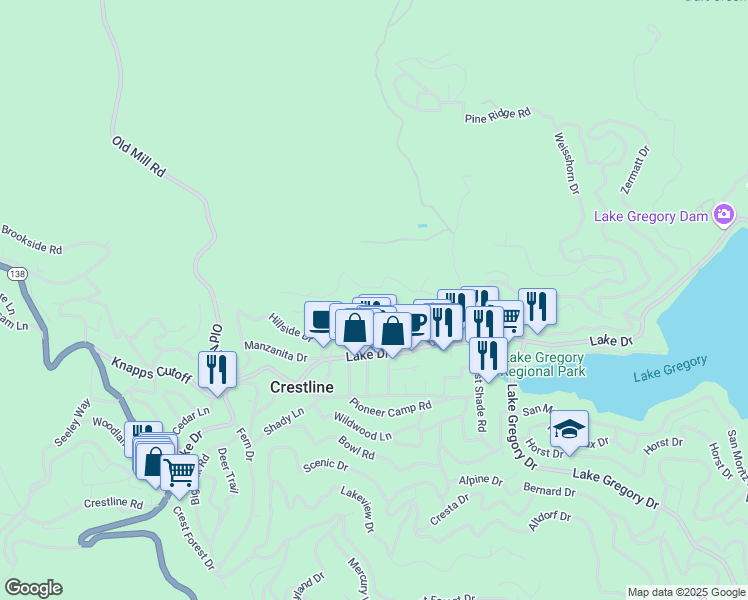 map of restaurants, bars, coffee shops, grocery stores, and more near 23874 Zuger Drive in Crestline