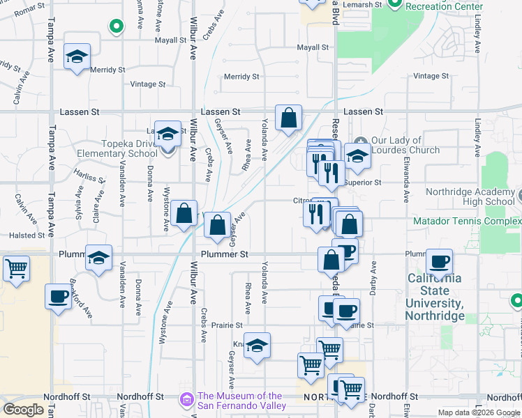 map of restaurants, bars, coffee shops, grocery stores, and more near 9619 Yolanda Avenue in Los Angeles