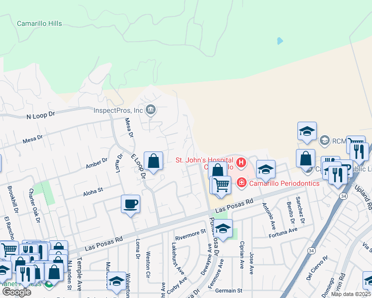 map of restaurants, bars, coffee shops, grocery stores, and more near 242 Alosta Drive in Camarillo