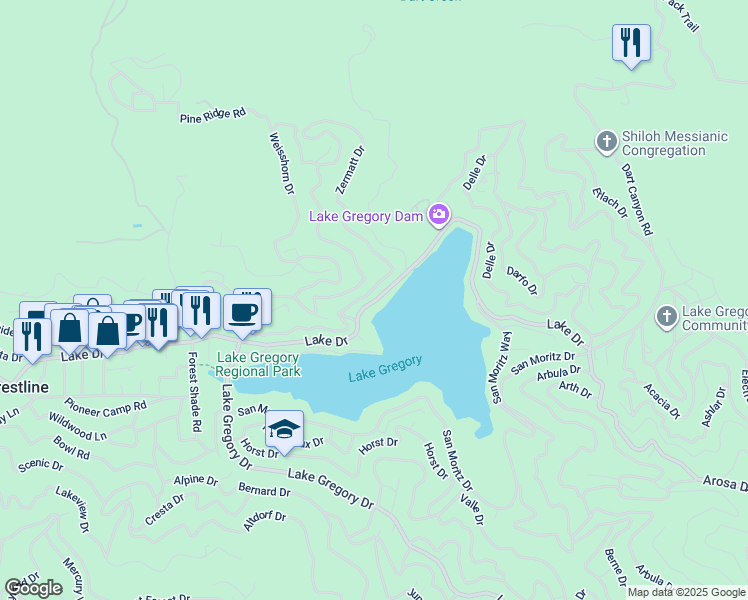 map of restaurants, bars, coffee shops, grocery stores, and more near 441 Zermatt Drive in Crestline