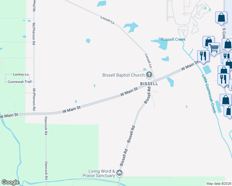 map of restaurants, bars, coffee shops, grocery stores, and more near 4799 West Main Street in Tupelo