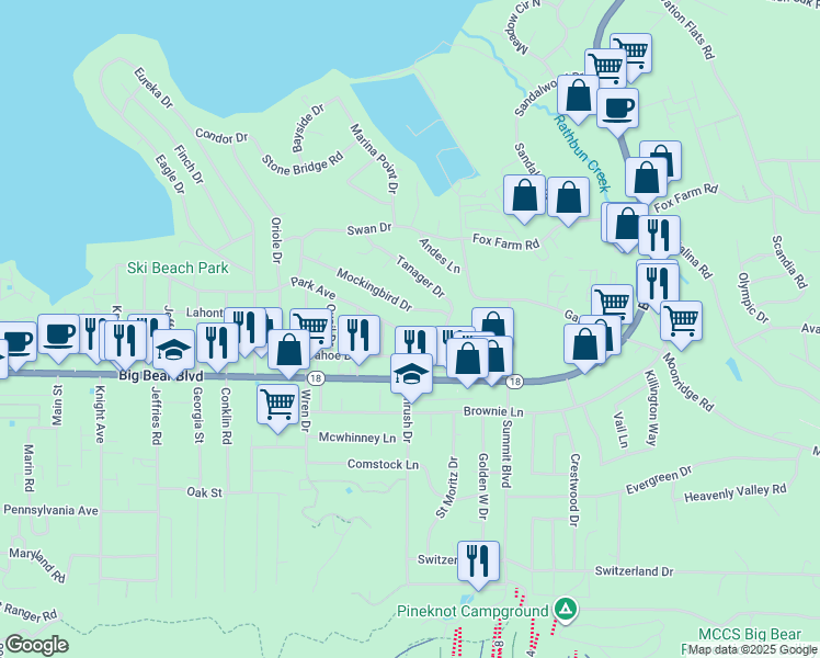 map of restaurants, bars, coffee shops, grocery stores, and more near 41704 Park Avenue in Big Bear Lake