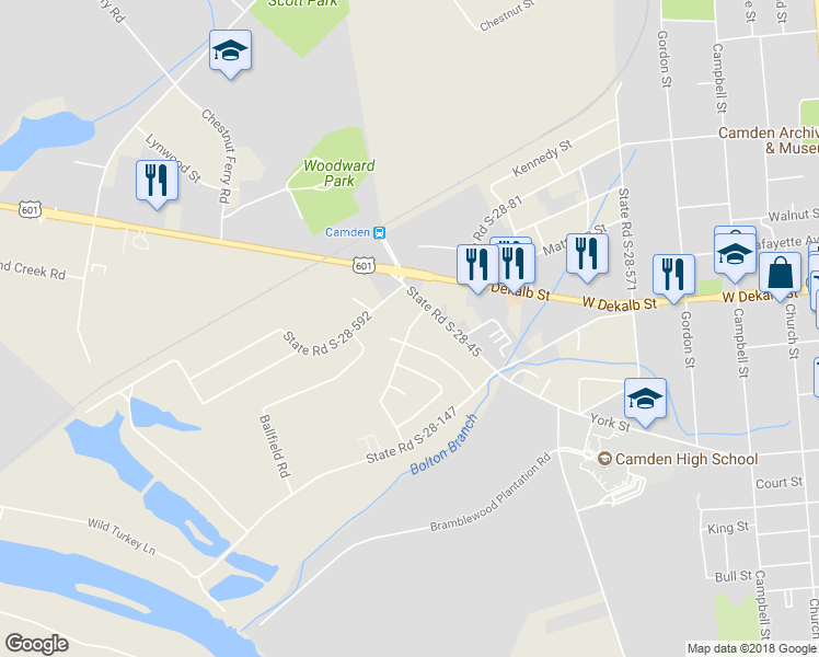 map of restaurants, bars, coffee shops, grocery stores, and more near Duell Street in Camden