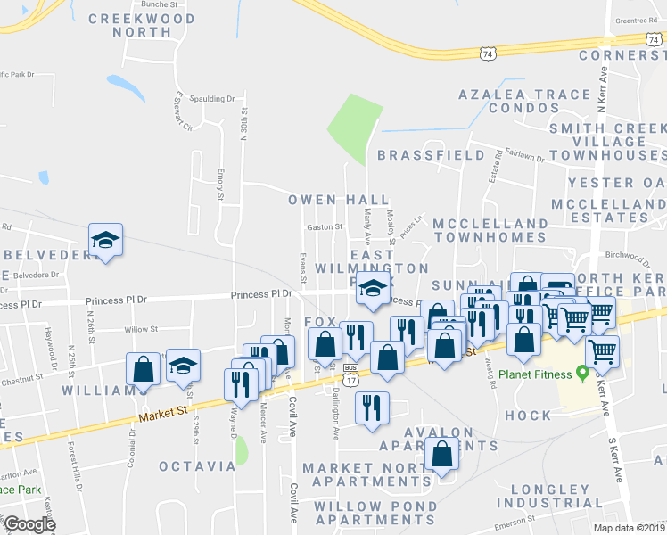 map of restaurants, bars, coffee shops, grocery stores, and more near 418 Henry Street in Wilmington
