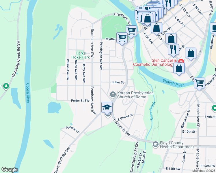 map of restaurants, bars, coffee shops, grocery stores, and more near 508 Harper Avenue Southwest in Rome