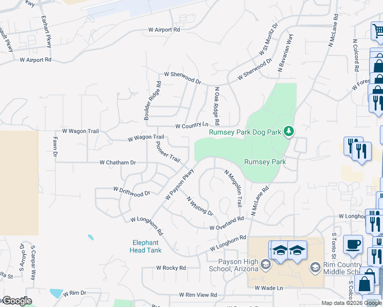 map of restaurants, bars, coffee shops, grocery stores, and more near 309 West Heritage Lane in Payson