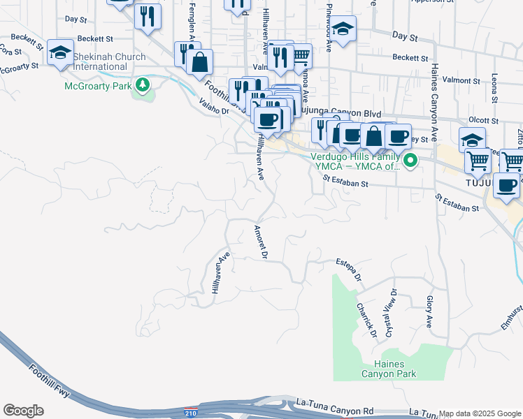 map of restaurants, bars, coffee shops, grocery stores, and more near 9657 Hillhaven Avenue in Los Angeles