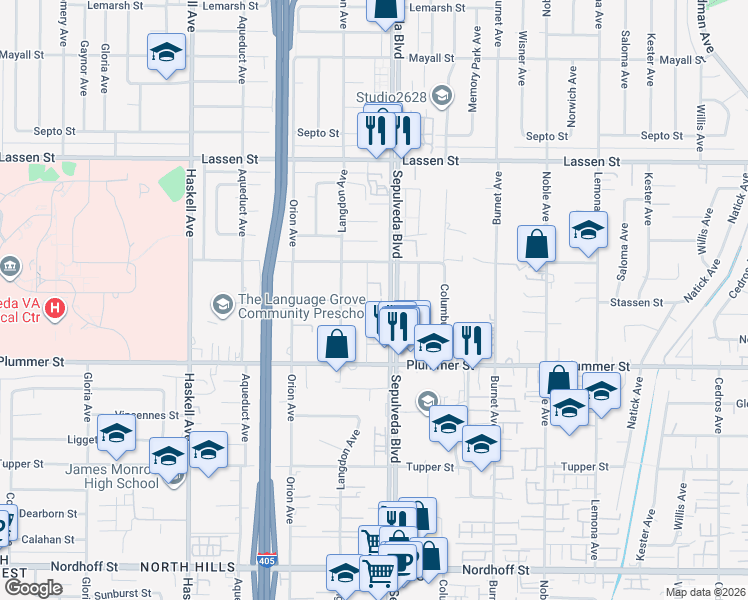 map of restaurants, bars, coffee shops, grocery stores, and more near 9615 Sepulveda Boulevard in Los Angeles