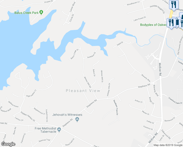 map of restaurants, bars, coffee shops, grocery stores, and more near 5039 Balus Drive in Gainesville