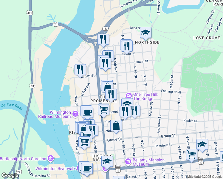 map of restaurants, bars, coffee shops, grocery stores, and more near 805 North 4th Street in Wilmington