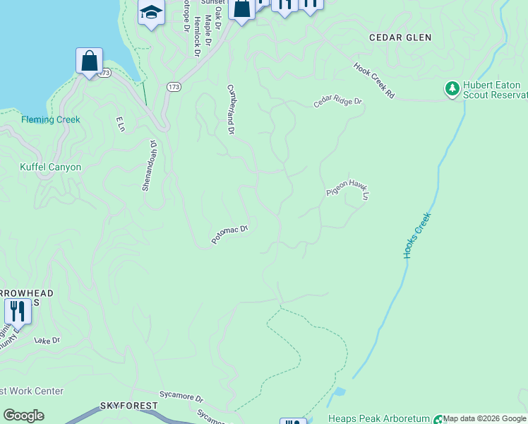 map of restaurants, bars, coffee shops, grocery stores, and more near 434 Cumberland Drive in Lake Arrowhead