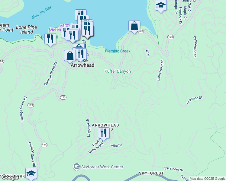 map of restaurants, bars, coffee shops, grocery stores, and more near 307 Canyon Crest Lane in Lake Arrowhead