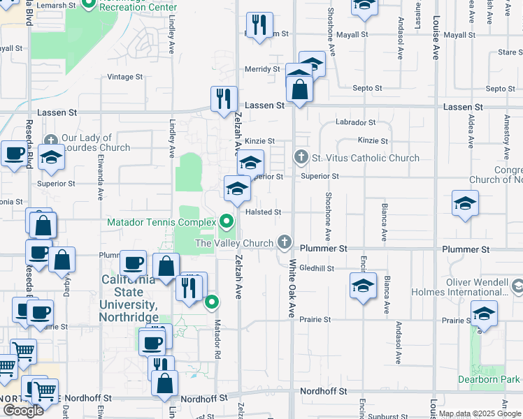 map of restaurants, bars, coffee shops, grocery stores, and more near 17829 Halsted Street in Los Angeles
