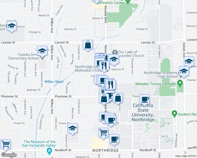 map of restaurants, bars, coffee shops, grocery stores, and more near 18540 Citronia Street in Los Angeles
