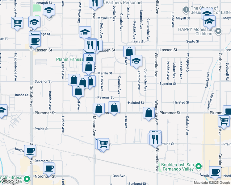 map of restaurants, bars, coffee shops, grocery stores, and more near 20330 Itasca Street in Los Angeles