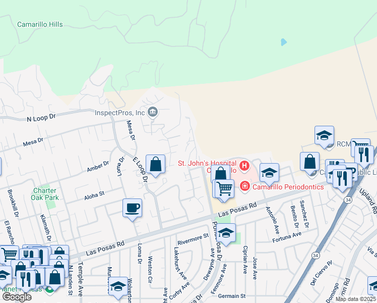 map of restaurants, bars, coffee shops, grocery stores, and more near 242 Alosta Drive in Camarillo