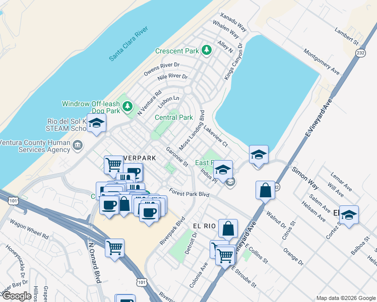 map of restaurants, bars, coffee shops, grocery stores, and more near 3084 Nimes Lane in Oxnard