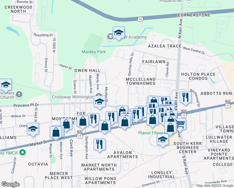 map of restaurants, bars, coffee shops, grocery stores, and more near 240 Greendale Drive in Wilmington