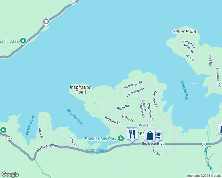 map of restaurants, bars, coffee shops, grocery stores, and more near 39008 Waterview Drive in Big Bear Lake