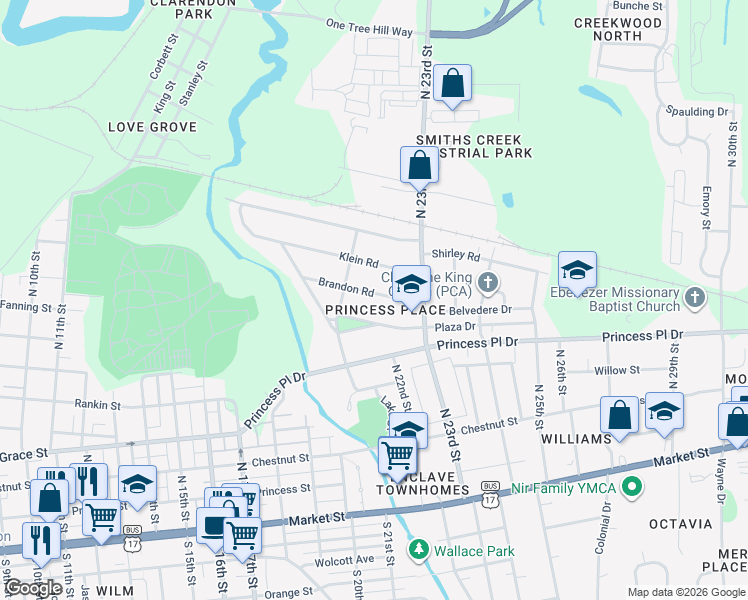 map of restaurants, bars, coffee shops, grocery stores, and more near 2214 Brandon Road in Wilmington