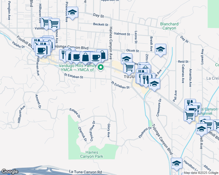map of restaurants, bars, coffee shops, grocery stores, and more near 9747 Haines Canyon Avenue in Los Angeles