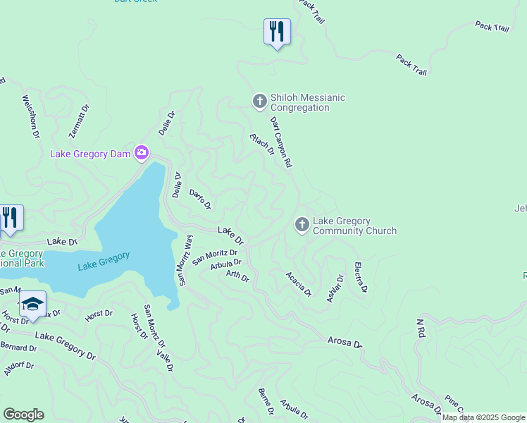map of restaurants, bars, coffee shops, grocery stores, and more near 463 Dunant Drive in Crestline