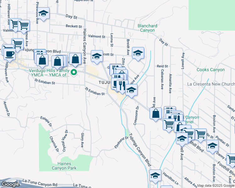 map of restaurants, bars, coffee shops, grocery stores, and more near 6540 Foothill Boulevard in Los Angeles