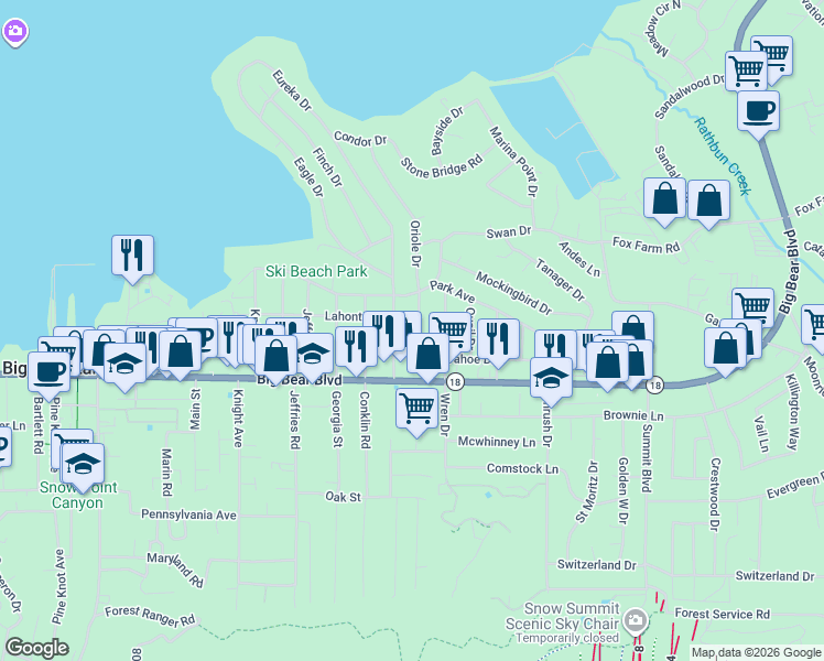 map of restaurants, bars, coffee shops, grocery stores, and more near 421 Eureka Drive in Big Bear Lake