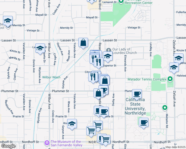 map of restaurants, bars, coffee shops, grocery stores, and more near 18530 Citronia Street in Los Angeles