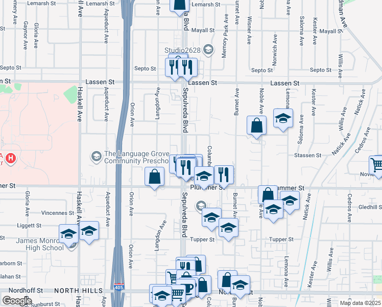map of restaurants, bars, coffee shops, grocery stores, and more near 9620 Sepulveda Boulevard in Los Angeles